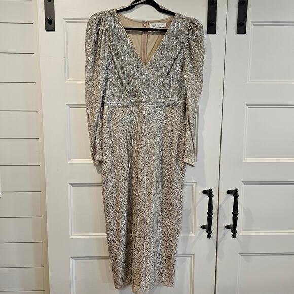 Mac Duggal 93676 V Neck Beaded Lace Midi Long Sleeve Dress Silver Taupe Size 8 - Picture 2 of 9
